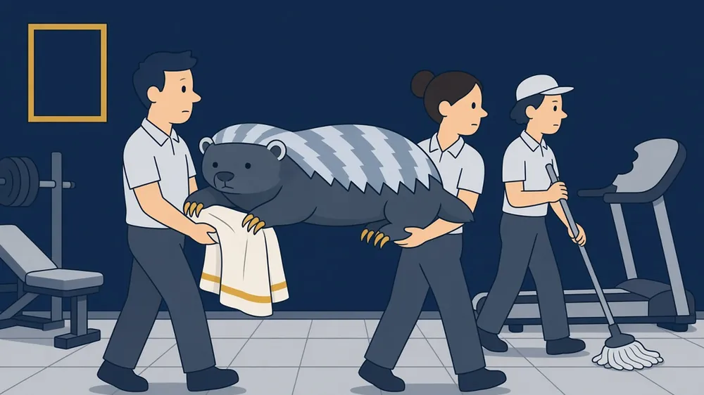 Two gym staff carrying a calm honey badger out of a gym sideways, like a rolled-up carpet. He is holding a stolen towel. A cleaner with a mop follows, and a treadmill behind them has a bite taken out of its handle.