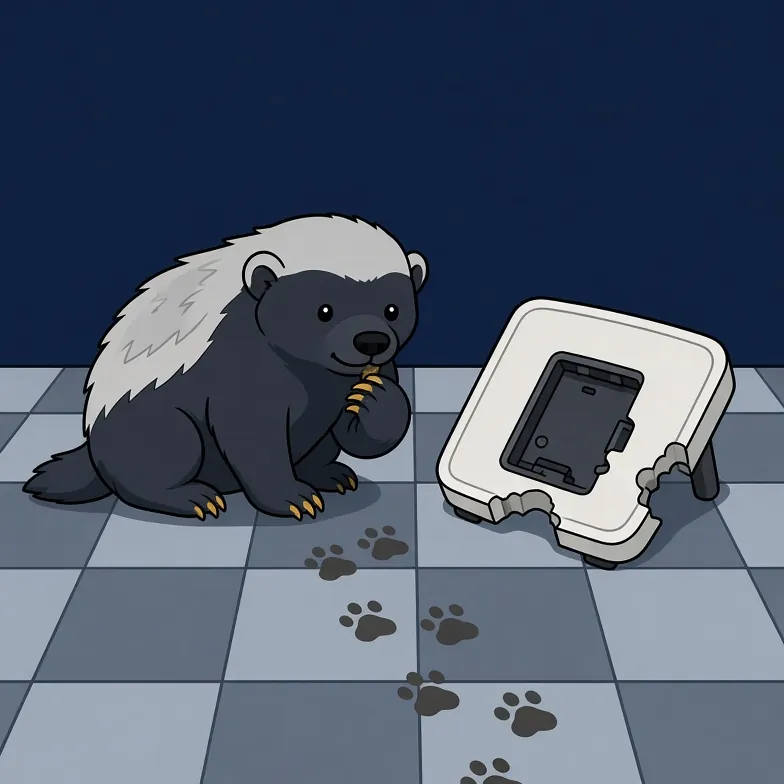 A honey badger sitting on a bathroom floor, calmly cleaning a claw, next to a pair of bathroom scales lying on their face with bite marks out of the edge and muddy paw prints leading away.