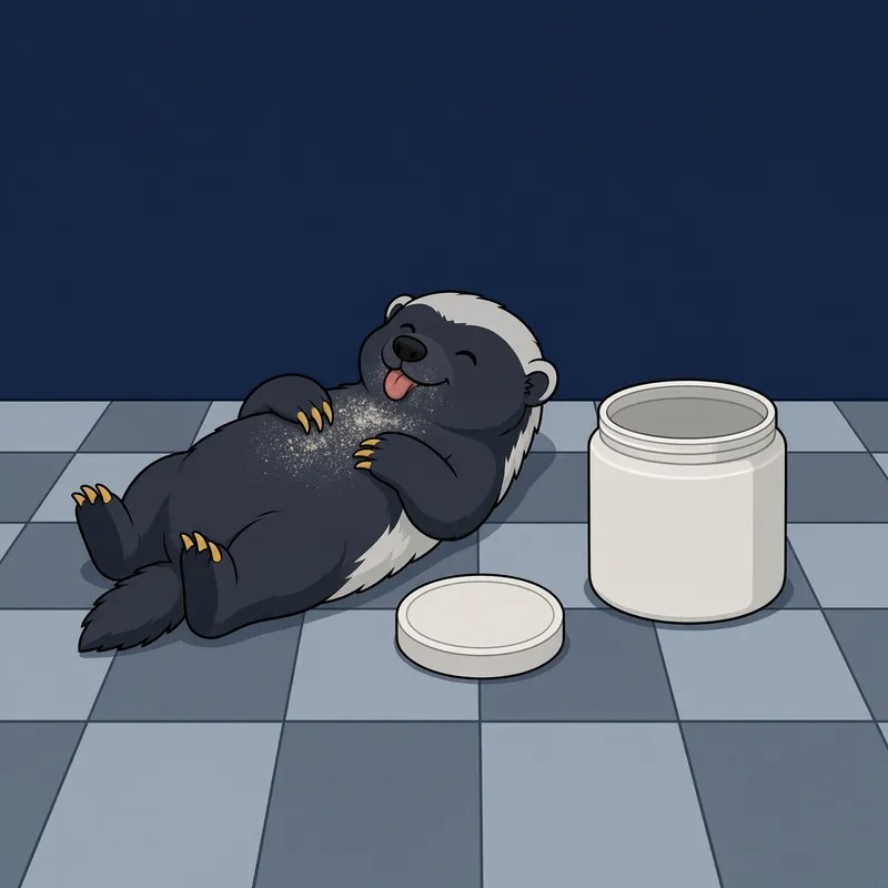 A honey badger lying on his back on a kitchen floor, tongue out and very pleased with himself, next to an empty supplement tub.