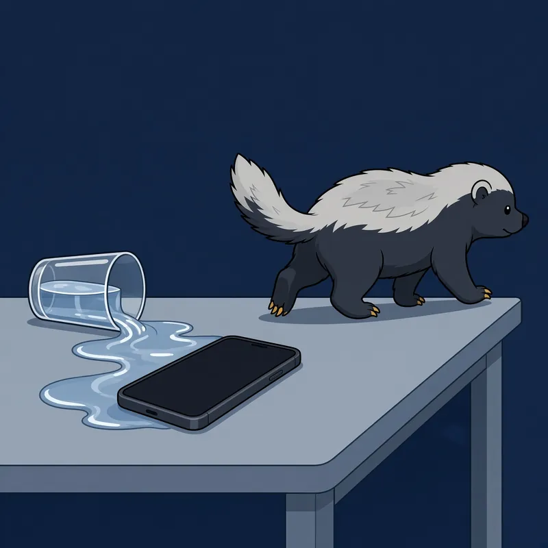 A honey badger walking away along a table, tail up, after knocking over a glass of water that is flooding across a smartphone.